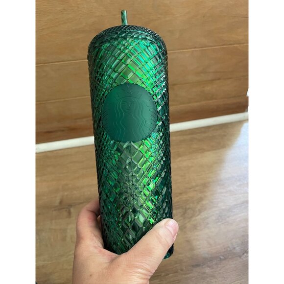 VHTF NWT Starbucks Green Diamond Textured Cold Cup Tumbler With Straw 24 Oz - Picture 2 of 5